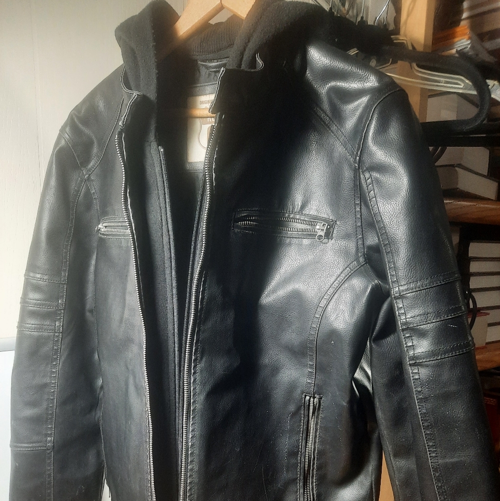 ROUTE 66 PU Faux Leather Bomber Jacket Men size S Black insulated hood